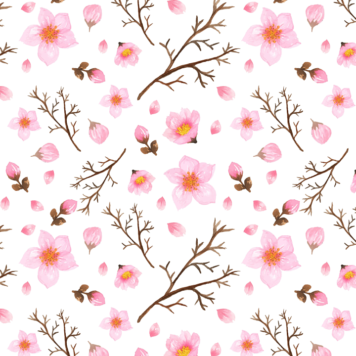 Watercolor Cherry Blossoms with Branches seamless PBR texture preview