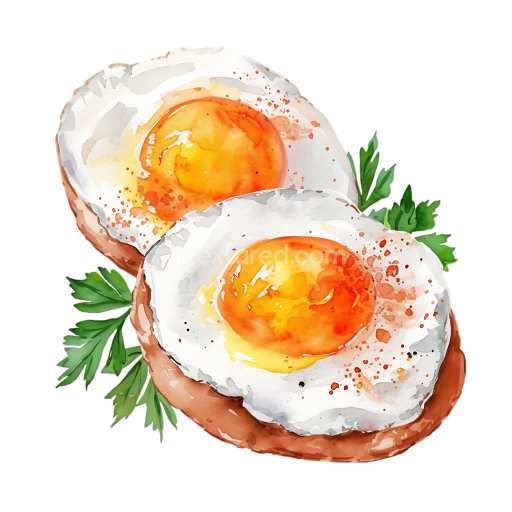 Watercolor Illustration of Two Fried Eggs on Toast with Herbs Breakfast Graphic