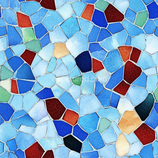Seamless 3D Mosaic PBR Texture with Blue Ceramic Irregular Tiles and Colorful Accents texture preview