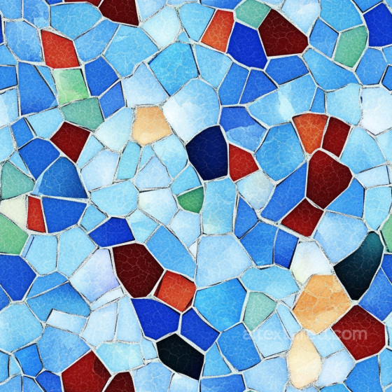 Mosaic PBR Texture with Blue Ceramic Irregular Tiles and Colorful Accents Mosaic texture preview