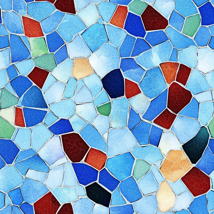 Mosaic with Blue Ceramic Irregular Tiles and Colorful Accents seamless PBR texture preview