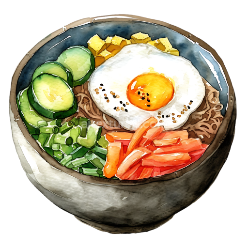 Watercolor Style Bibimbap Breakfast Bowl with Egg and Fresh Vegetables