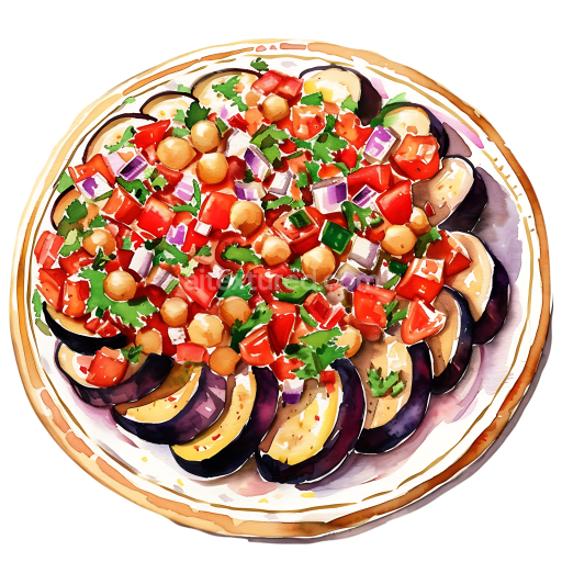 Breakfast Platter Featuring Eggplant Slices and Chickpea Salsa Illustration