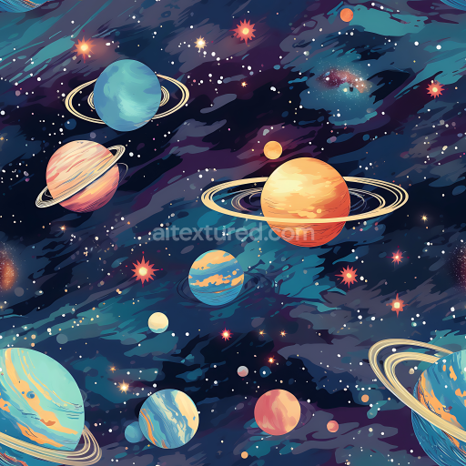 Seamless 3D Space PBR Texture Featuring Colorful Planets and Starfield