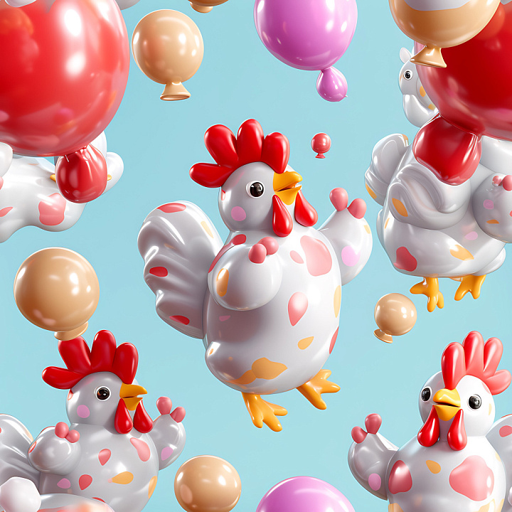 Inflated Vinyl with Colorful Cartoon Chicken Patterns seamless PBR texture preview