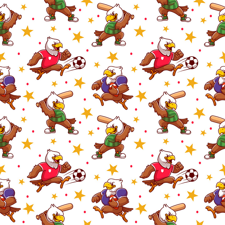 Pattern with Cartoon Eagle Mascots and Sports Motifs seamless PBR texture preview