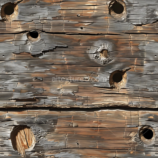 Seamless 3D PBR Cracked Weathered Wood Texture Featuring Large Knothole Damage