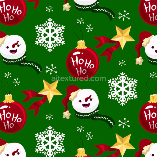Seamless 3D PBR Christmas Digital Paper Texture with Snowmen, Stars, and Snowflakes on Green