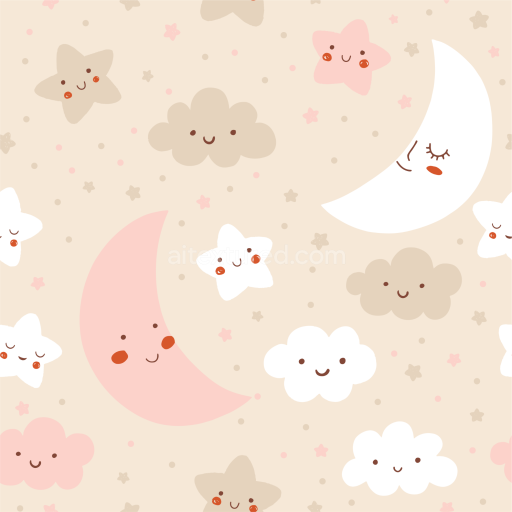 Seamless 3D PBR Texture with Cute Cartoon Stars, Clouds & Moons in Soft Pastels