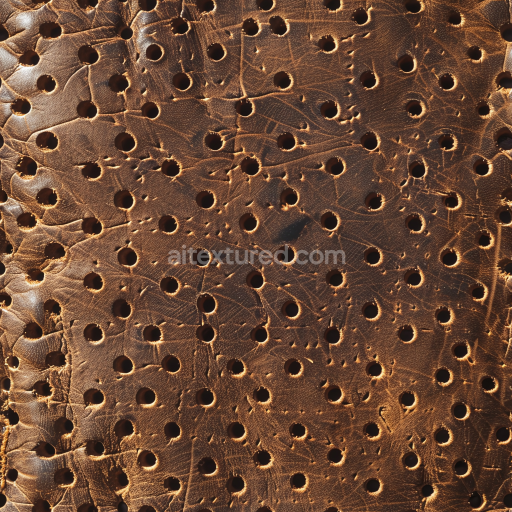 Seamless 3D PBR Texture of Worn Perforated Brown Leather with Visible Grain and Cracks