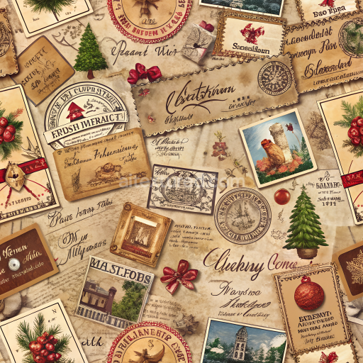 Seamless 3D PBR Texture of Vintage Christmas Digital Paper with Holiday Postcards and Script