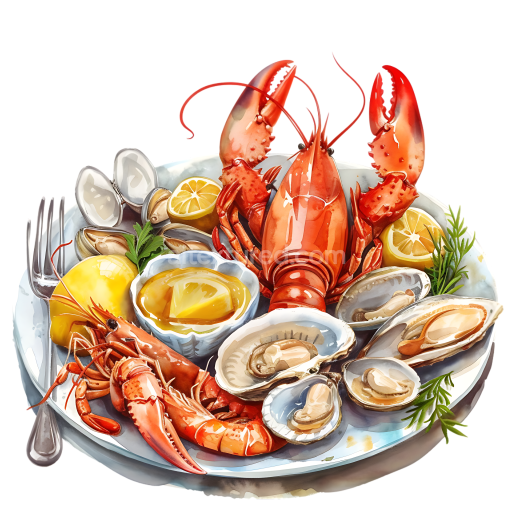 Morning Seafood Breakfast Platter Illustration Featuring Lobster, Clams, and Lemon