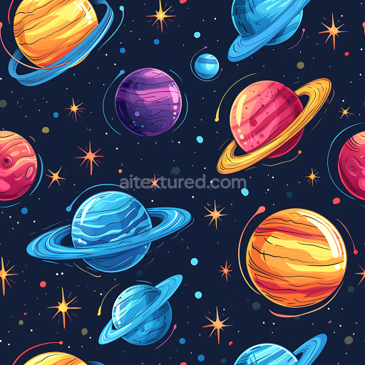 Seamless 3D Space PBR Texture Featuring Stylized Colorful Planets and Starfield