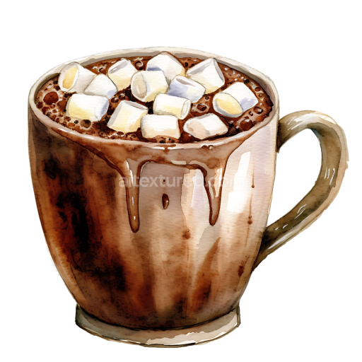 Watercolor Style Hot Chocolate with Marshmallows Breakfast PNG Graphic