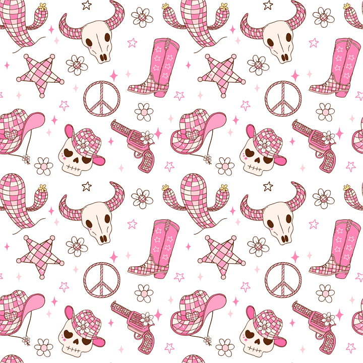 with Pink Western Motifs and Playful Cartoon Style seamless PBR texture preview