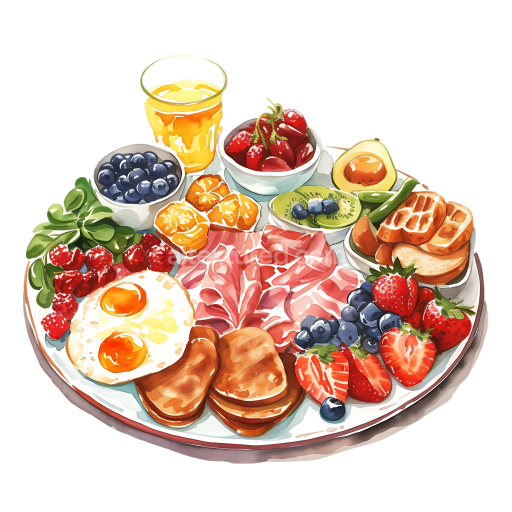 Brunch Platter Breakfast PNG Graphic Featuring Eggs, Mixed Fruits, Juice & Meats