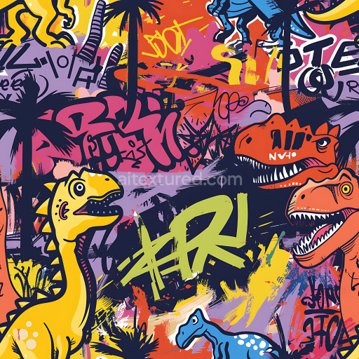 Seamless 3D PBR Graffiti Texture Featuring Vibrant Dinosaur Street Art