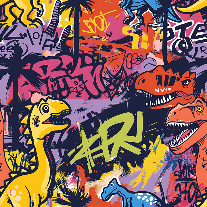 Graffiti Featuring Vibrant Dinosaur Street Art seamless PBR texture preview