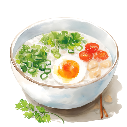 Watercolor Style Congee Breakfast Bowl with Egg, Cherry Tomatoes, and Herbs