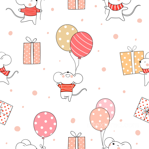 Birthday Texture of Cute Cartoon Mice with Balloons and Gifts seamless Birthday PBR texture