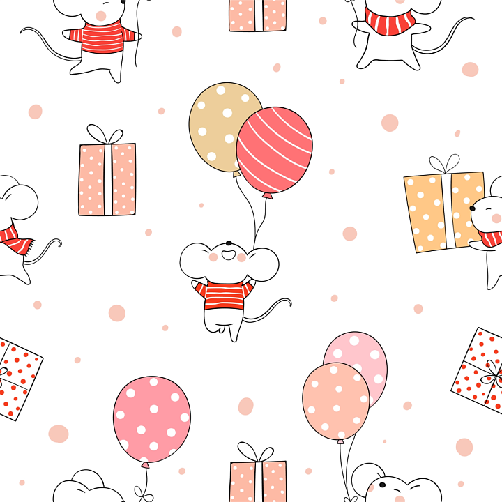 Birthday of Cute Cartoon Mice with Balloons and Gifts seamless PBR texture preview