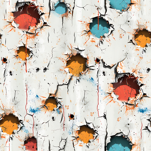 Seamless 3D Cracked Painted Metal PBR Texture Featuring Multicolored Holes and Peeling Layers