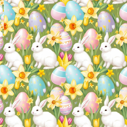 Seamless 3D PBR Easter Digital Paper Texture with Bunnies, Eggs & Spring Flowers