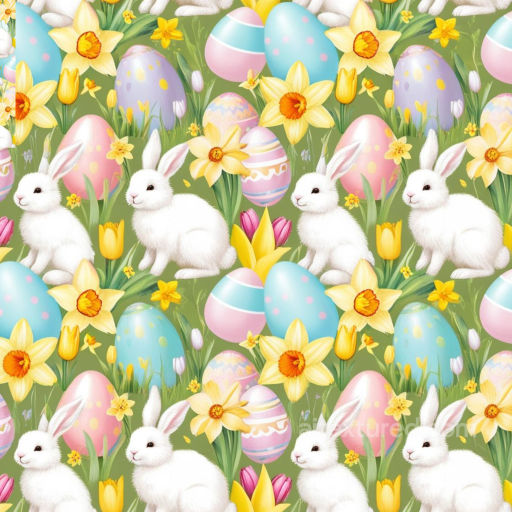 Easter Digital Paper Texture with Bunnies, Eggs & Spring Flowers seamless All Easter Digital paper PBR texture