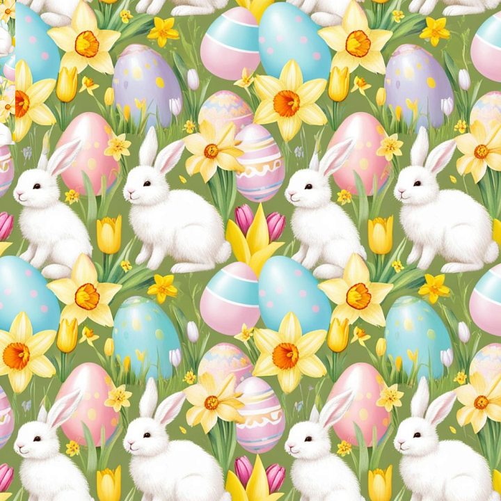 Easter Digital Paper with Bunnies, Eggs & Spring Flowers seamless PBR texture preview