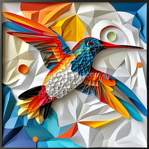 Seamless 3D PBR Texture Featuring Vibrant Origami-Style Hummingbird Colors and Geometric Patterns