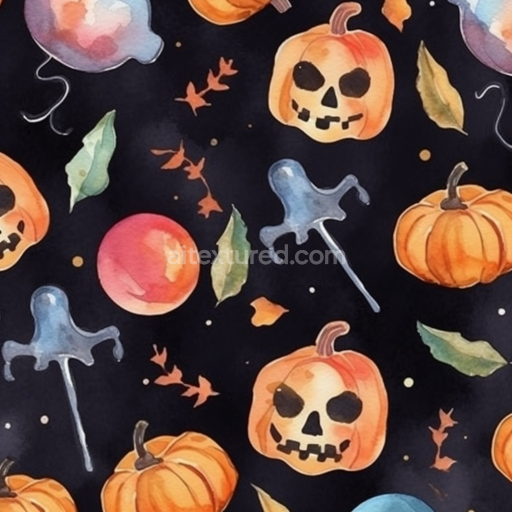Seamless 3D PBR Texture with Watercolor Halloween Pumpkins and Leaves