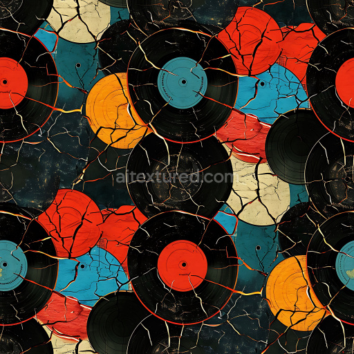 Seamless 3D PBR Cracked Vinyl Record Texture with Colorful Labels and Fractured Surface