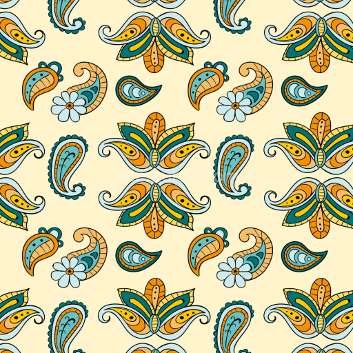 Seamless 3D PBR Retro Paisley Fabric Texture in Orange, Teal, and Blue