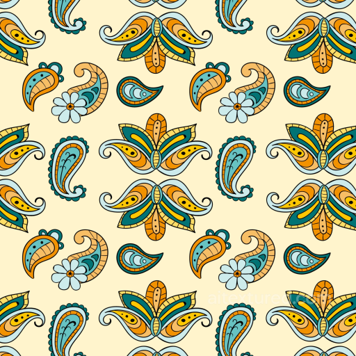 Retro Paisley Fabric Texture in Orange, Teal, and Blue seamless Retro Paisley PBR texture