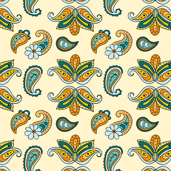 Retro Paisley Fabric in Orange, Teal, and Blue seamless PBR texture preview