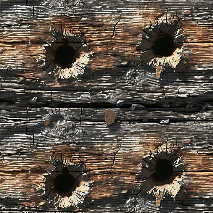 Cracked Wood with Distinctive Bullet Holes Surface seamless PBR texture preview
