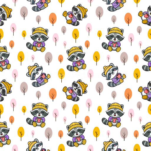 Pattern Bundle - Seamless 3D Pattern PBR Texture Featuring Adorable Cartoon Raccoons and Stylized Trees texture preview