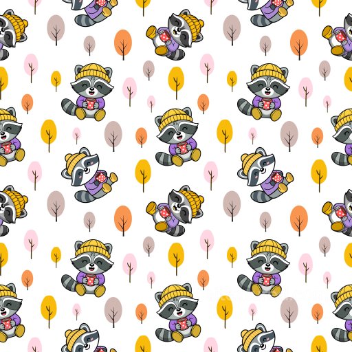 Pattern PBR Texture Featuring Adorable Cartoon Raccoons and Stylized Trees seamless Pattern Bundle PBR texture