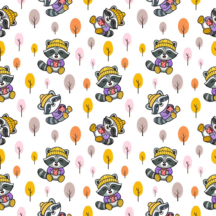 Pattern Featuring Adorable Cartoon Raccoons and Stylized Trees seamless PBR texture preview