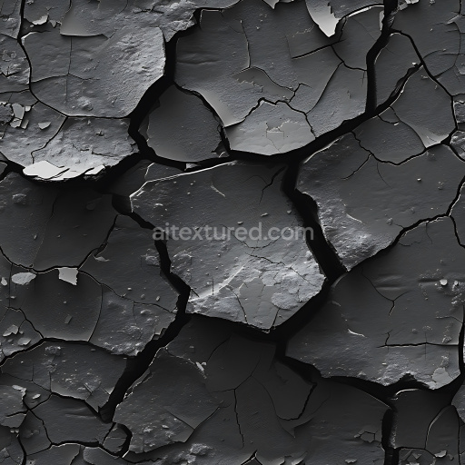 Seamless 3D PBR texture of cracked dark paint with prominent holes and peeling