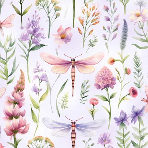 Seamless 3D PBR Texture Featuring Hand-Painted Dragonflies and Floral Elements