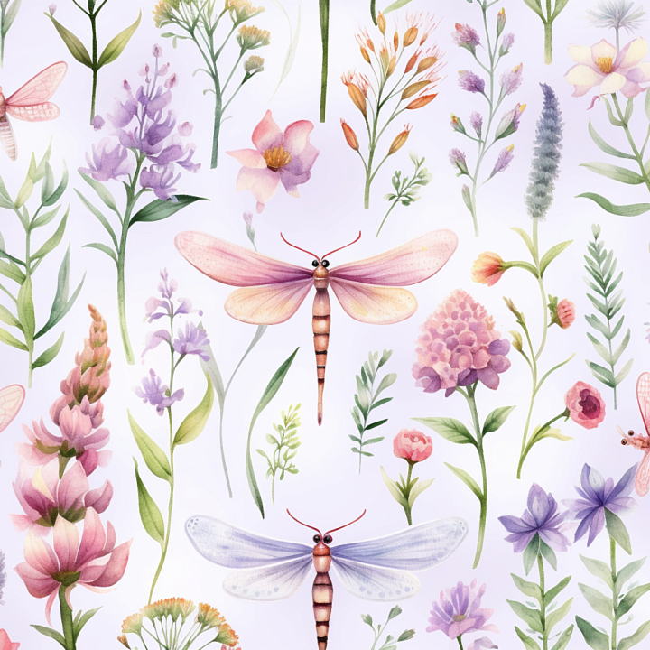 Featuring Hand-Painted Dragonflies and Floral Elements seamless PBR texture preview