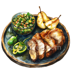 seamless Detailed Breakfast Graphic Featuring Roast Pork, Fresh Pear Salsa, and Green Peppers texture 8k free download PBR