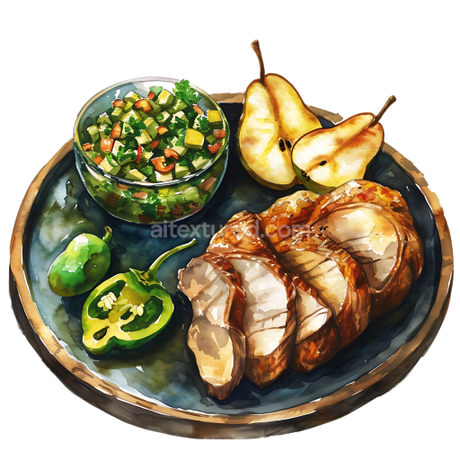 Detailed Breakfast Graphic Featuring Roast Pork, Fresh Pear Salsa, and Green Peppers