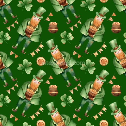 Seamless 3D PBR Texture with Leprechauns and Shamrocks in St Patrick Style