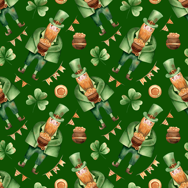 with Leprechauns and Shamrocks in St Patrick Style seamless PBR texture preview