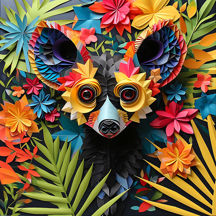 Of Vibrant Layered Paper-Style Animal Fur With Bold Floral Accents seamless PBR texture preview