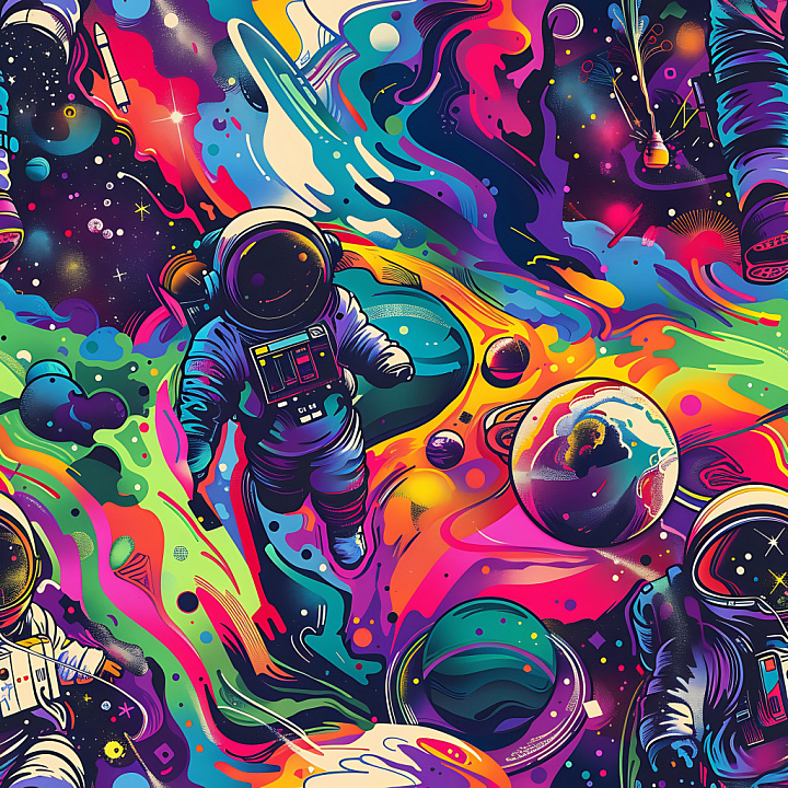 Featuring Vibrant Cosmic Astronaut Graffiti with Psychedelic Colors seamless PBR texture preview