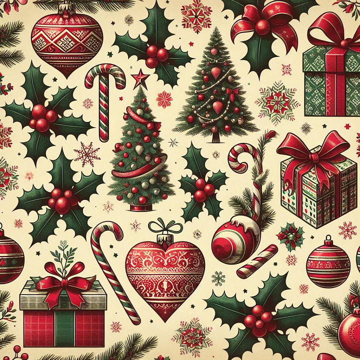 Vintage Christmas Pattern Fabric with Holiday Ornaments seamless PBR texture preview