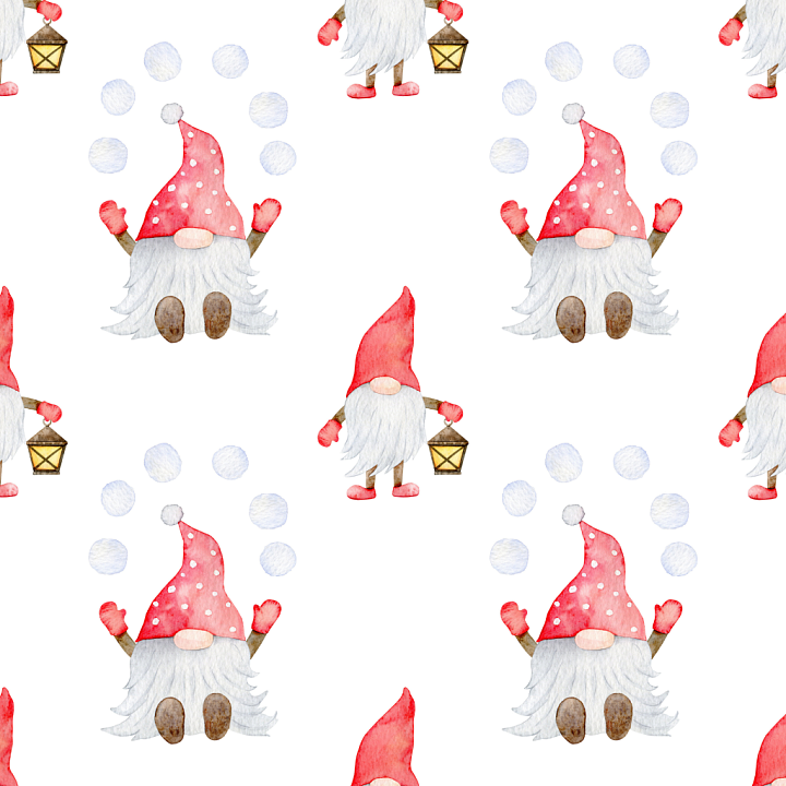 Watercolor Christmas Gnome with Snowballs and Lantern seamless PBR texture preview